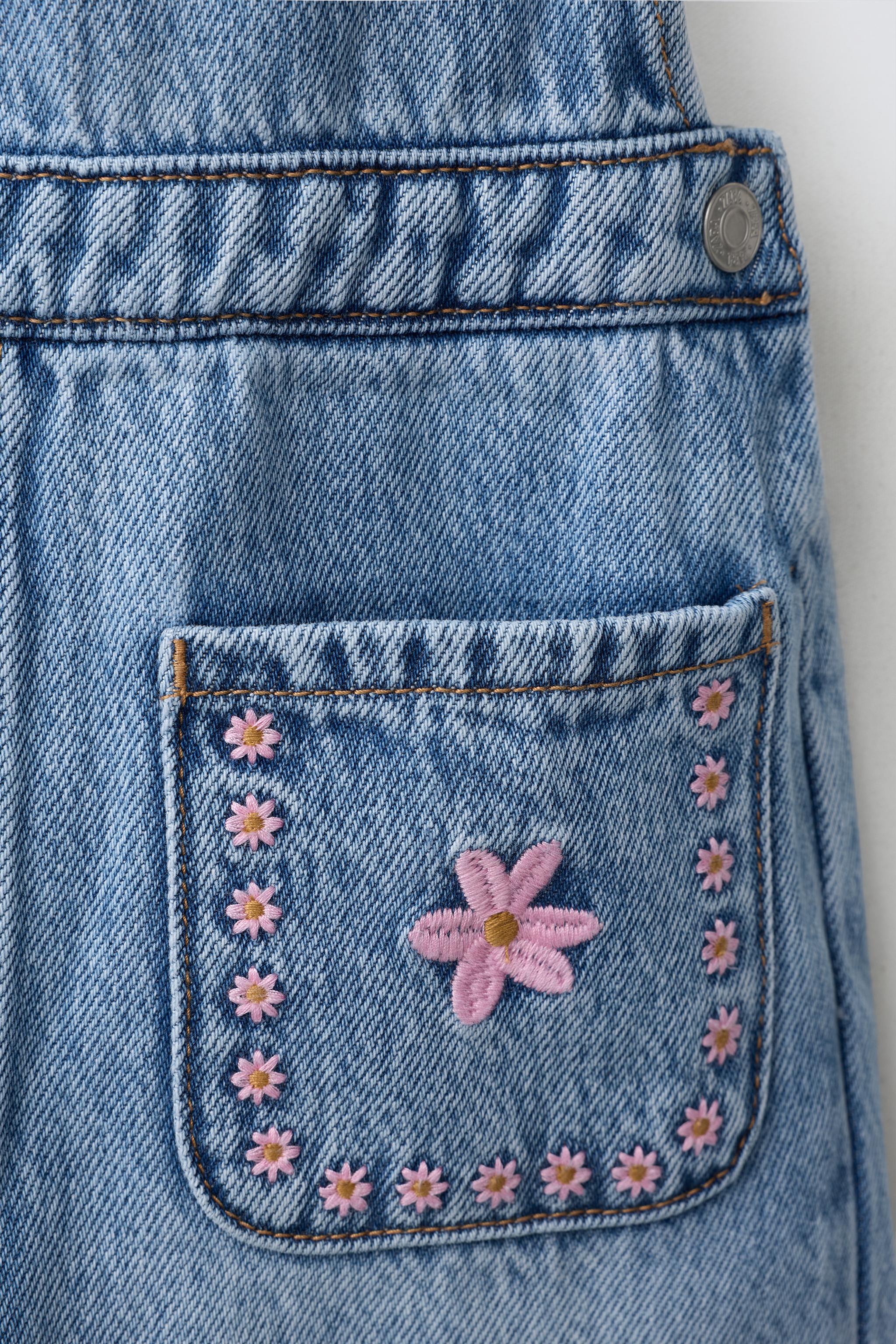 EMBROIDERED FLORAL DENIM OVERALLS